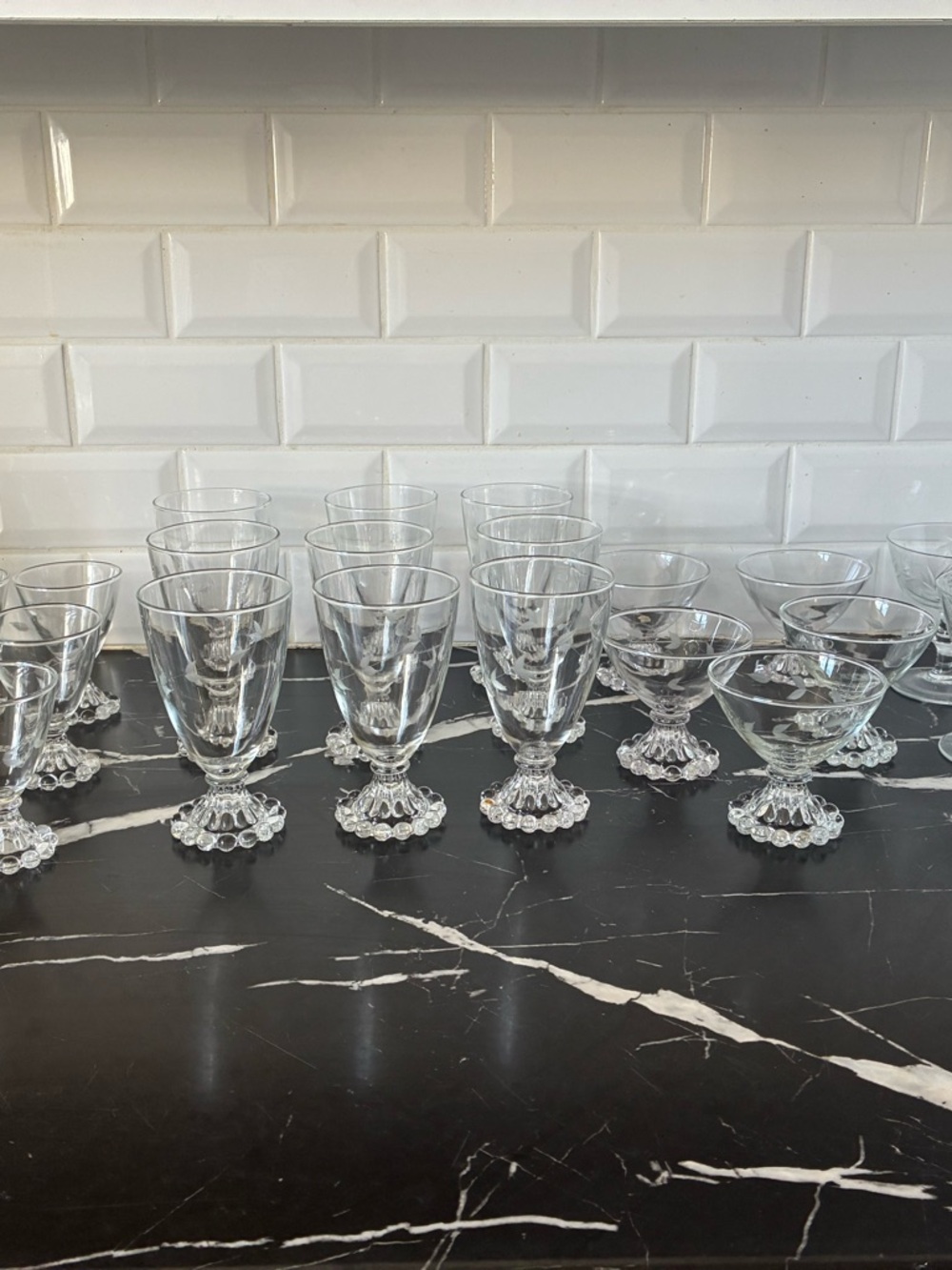 Vintage Bubble Foot Glassware Set – 22pcs Etched Retro Style